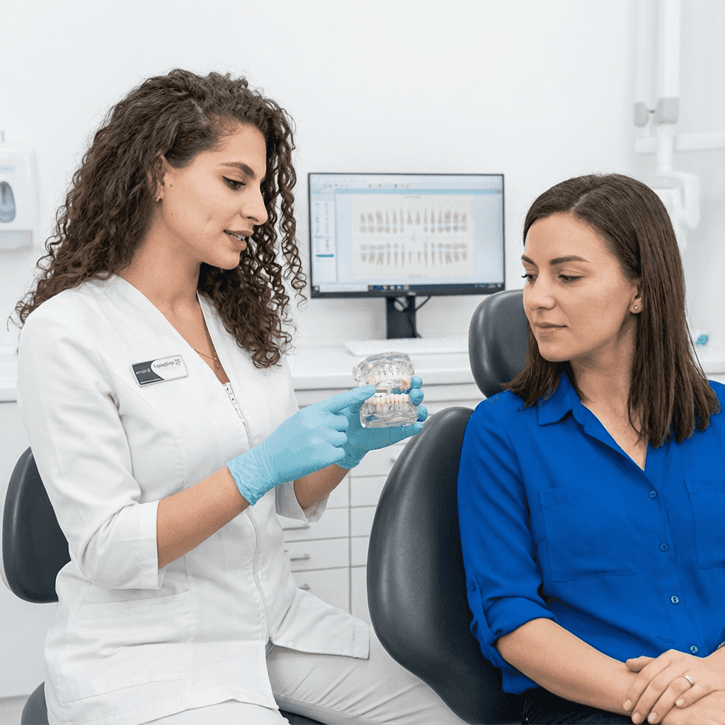 Invisalign in Dubai is guiding a patient as she tries her new aligners during a follow-up appointment at a modern dental clinic.