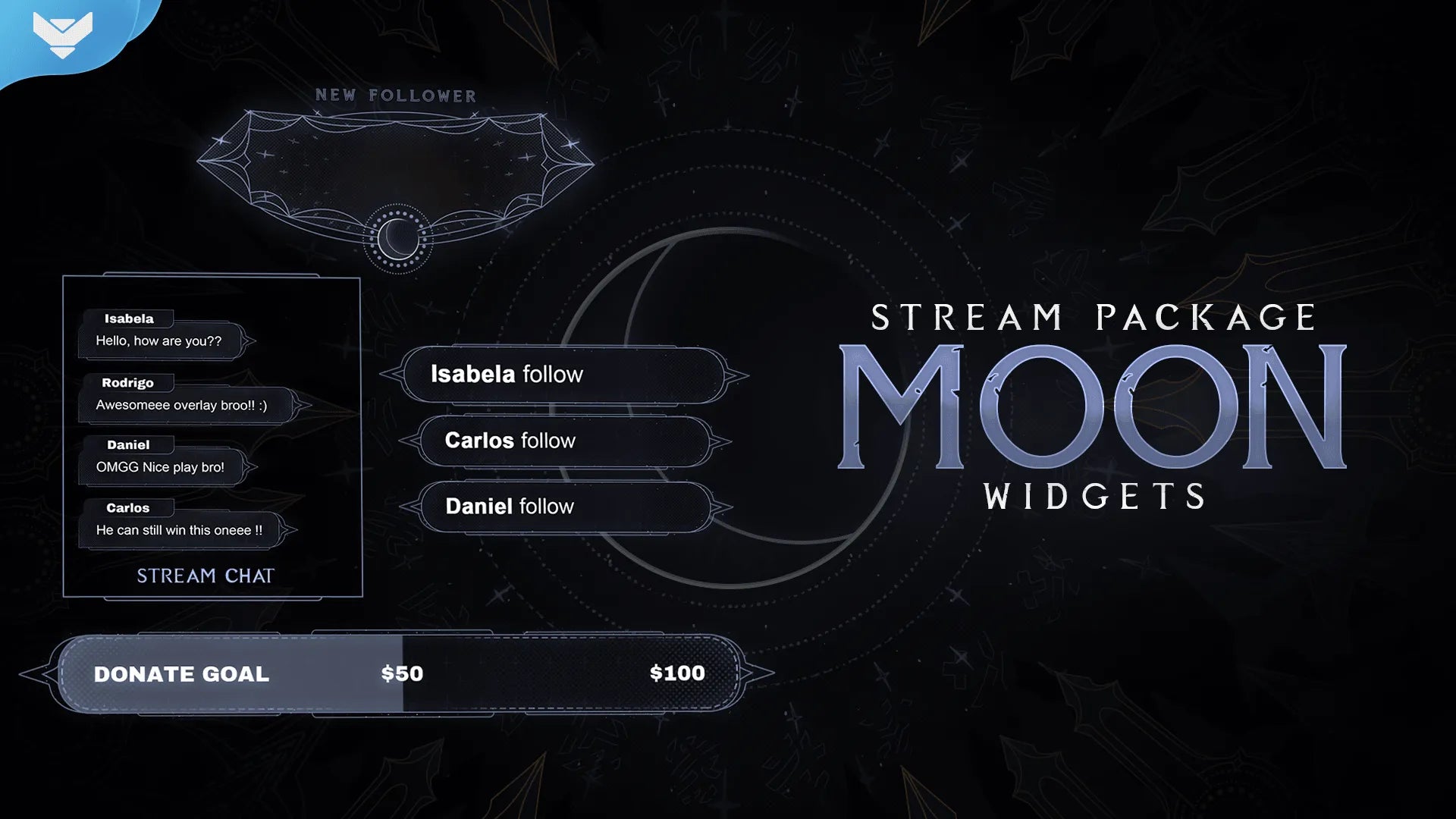 Sun and Moon Stream Widgets preview with matching celestial chat, goal, and event elements.