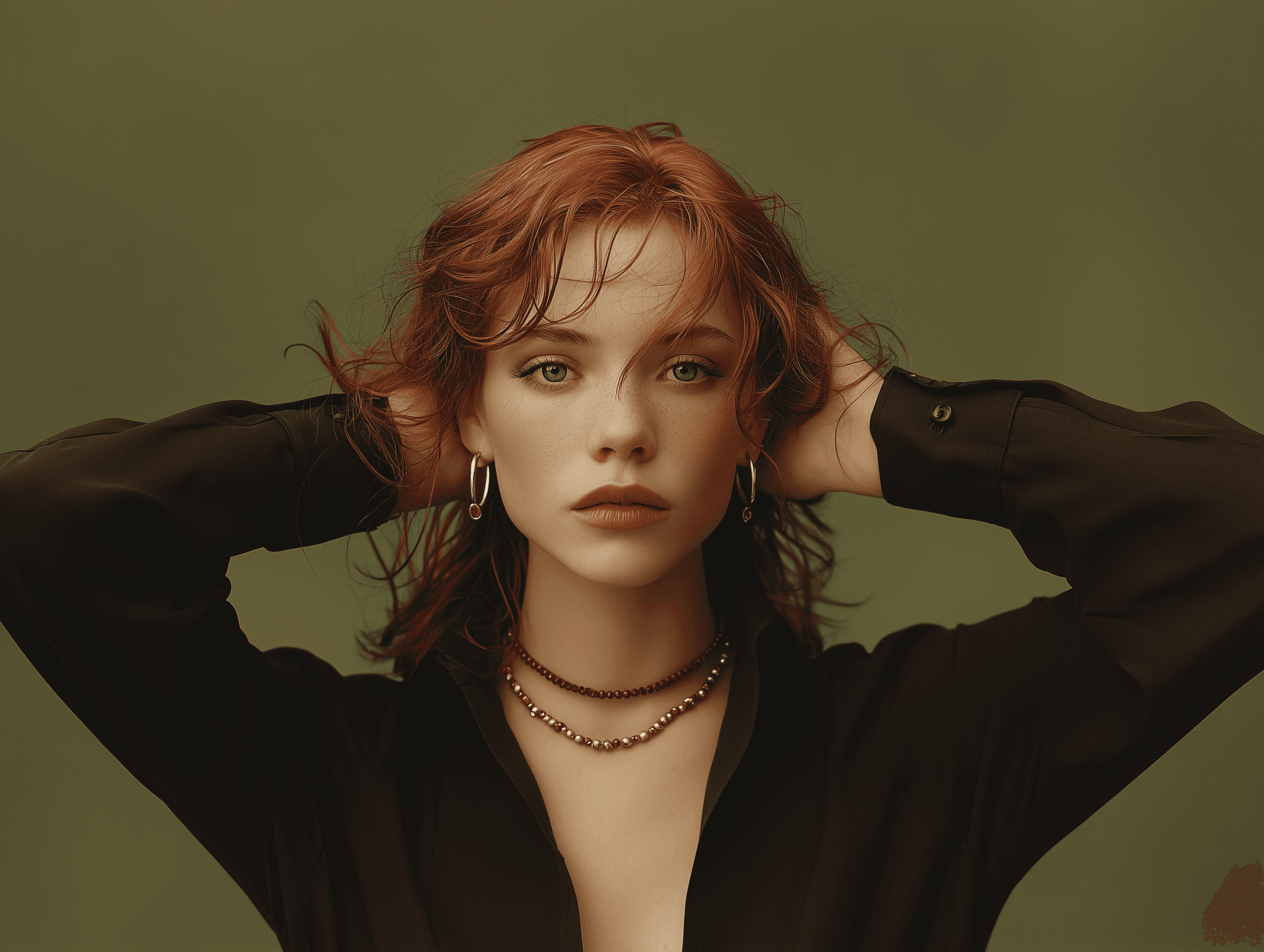 Portrait of a red-haired woman wearing layered gold and crimson necklaces