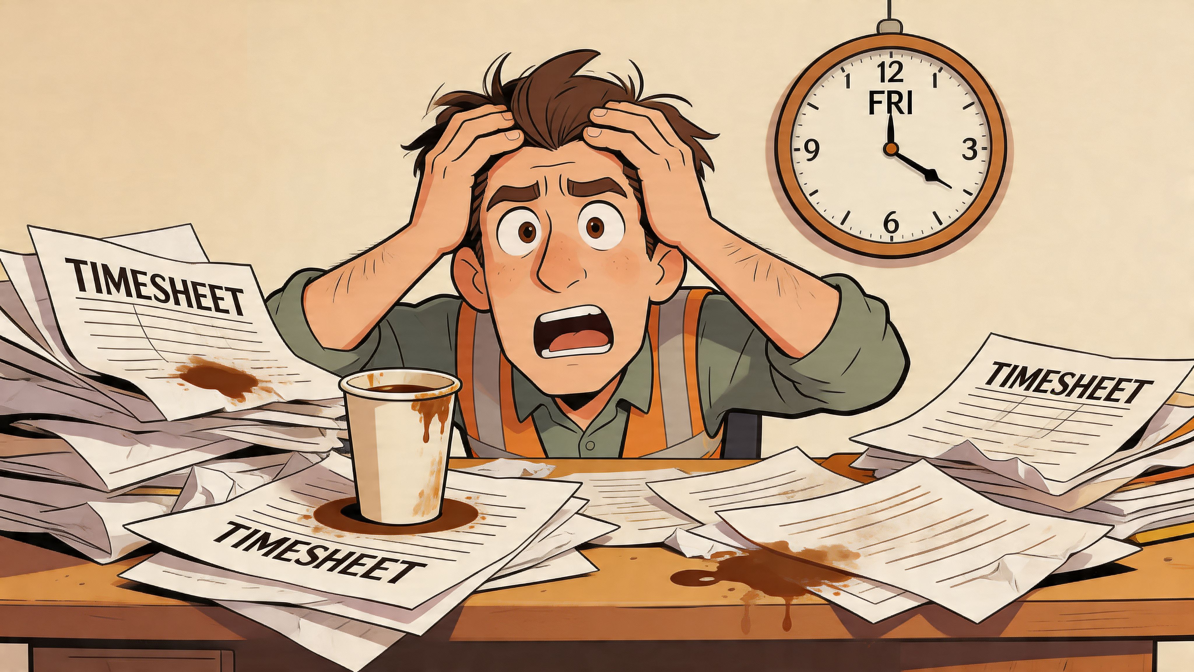 A stressed worker overwhelmed by piles of messy timesheets on a Friday afternoon with a coffee spill.
