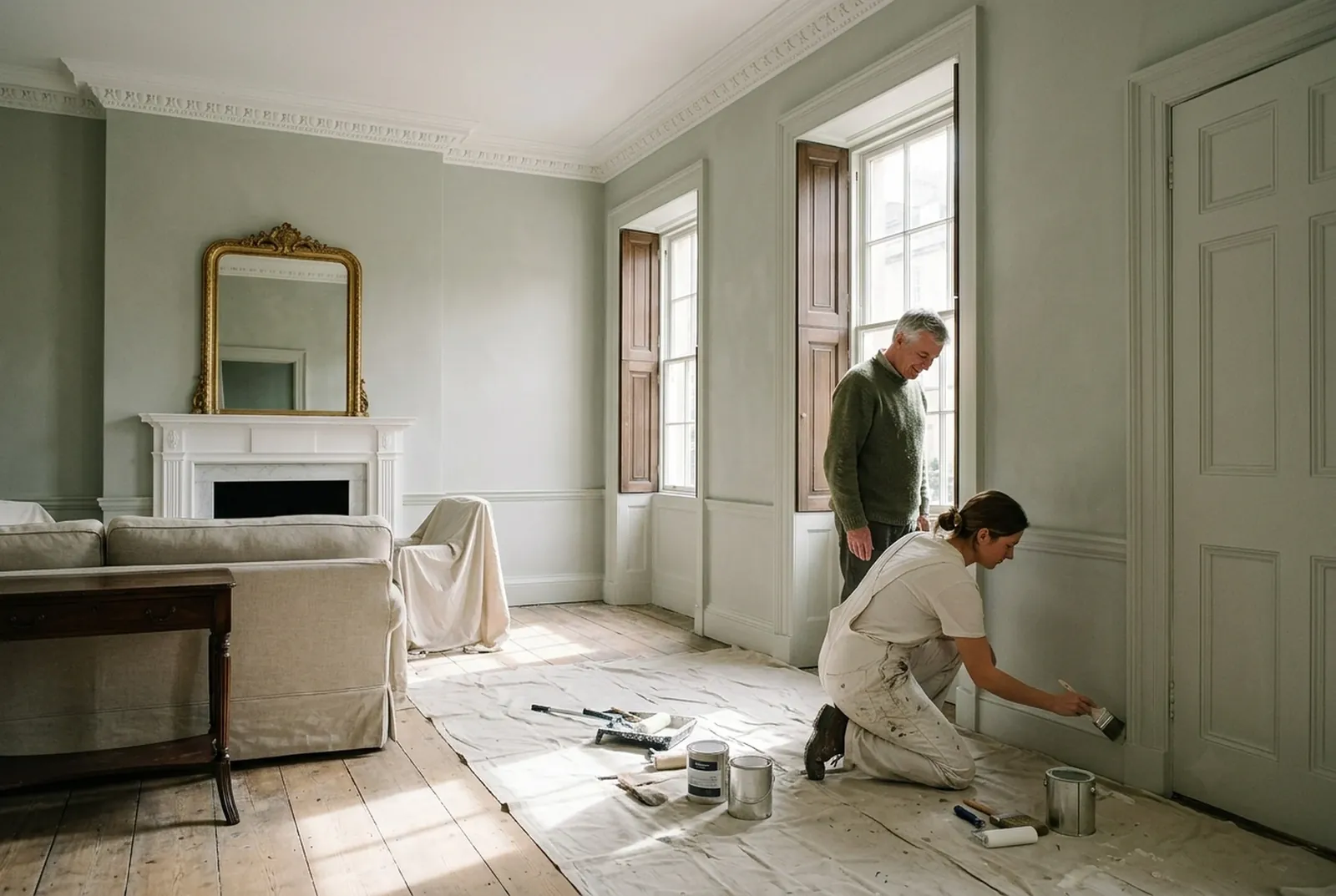 A tall Georgian drawing room in soft grey-green with a marble fireplace, a decorator cutting in by the skirting
