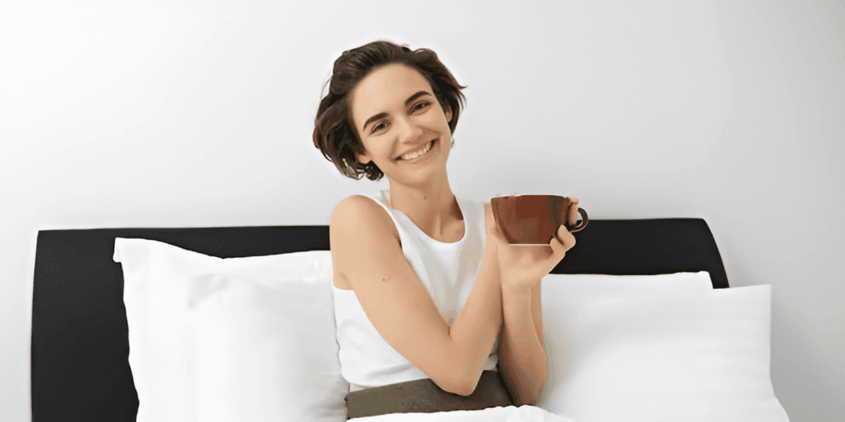 woman waking up joyfully