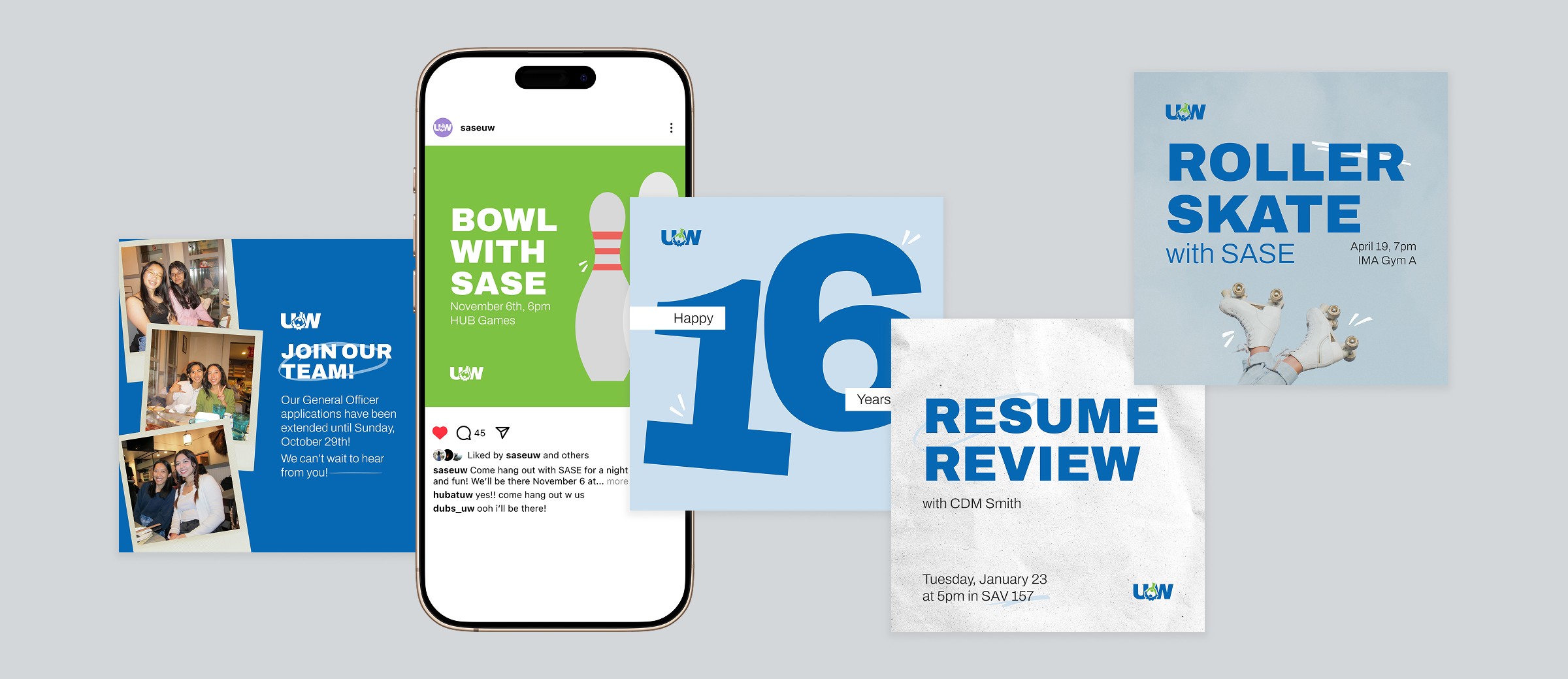 A phone mock up shows an instagram post. Around it are more graphics.