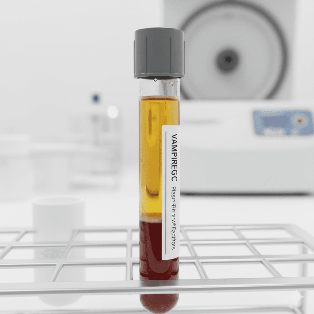 Close-up of a centrifuge tube containing the golden-colored growth factor concentrate or plasma.