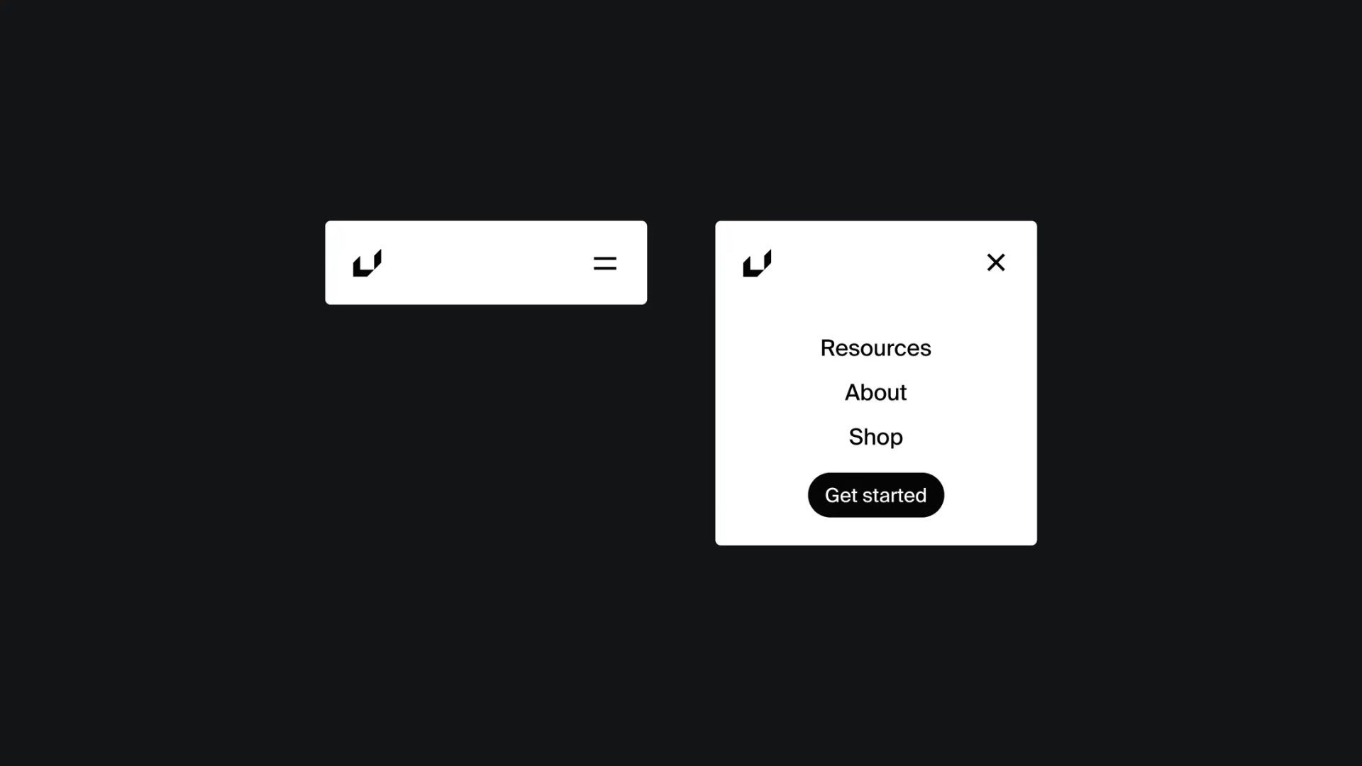 Two minimalistic mobile menu designs on a black background, one showing a closed menu icon and the other displaying an open menu list with 'Resources, About, Shop, Get Started' options