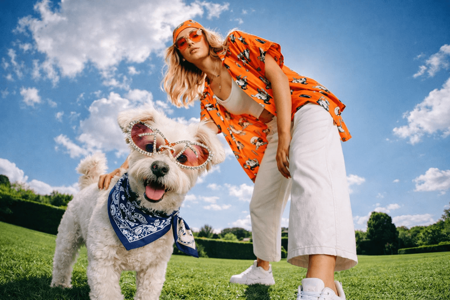 Woman and dog wearing sunglasses and bandanas on a sunny day.