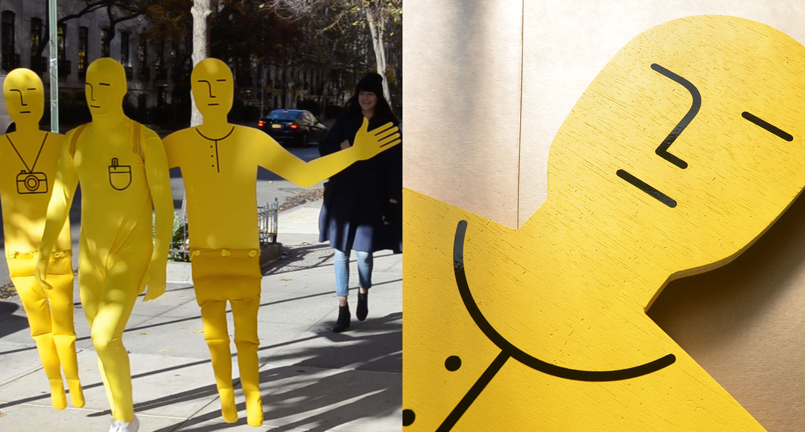 A set of yellow 3d humanoid figures made from cardboard and inflatable rubber.