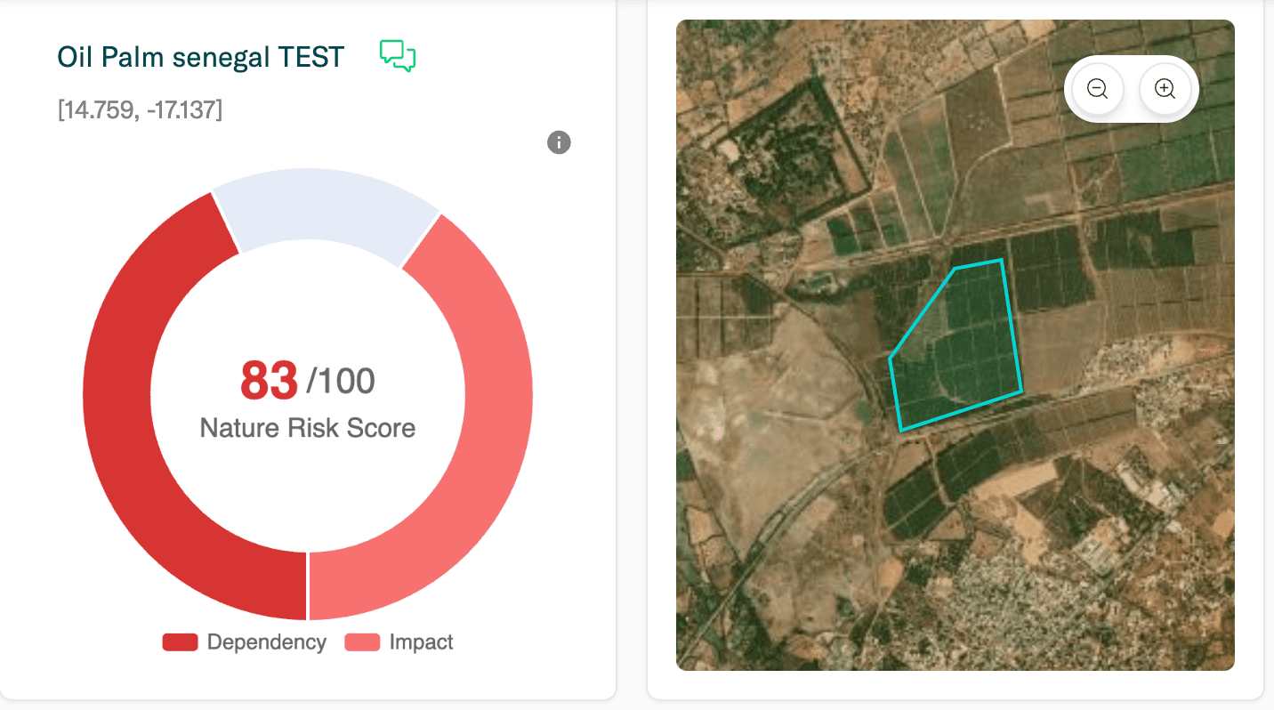 Screenshot of the refinq nature risk dashboard showing an oil palm site in Senegal with a high Nature Risk Score of 83/100 and a satellite map on the right highlighting the plantation boundary in turquoise.
