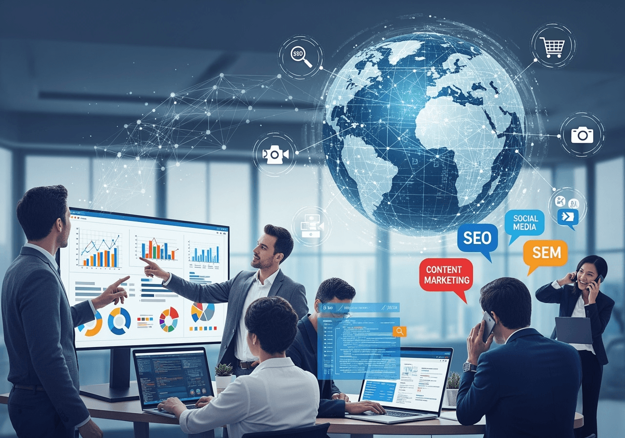 A vibrant dashboard displaying various Key Performance Indicators (KPIs) such as organic traffic, keyword rankings, conversion rates, and revenue growth. Charts and graphs highlight trends and performance metrics. - internet marketing company seo services