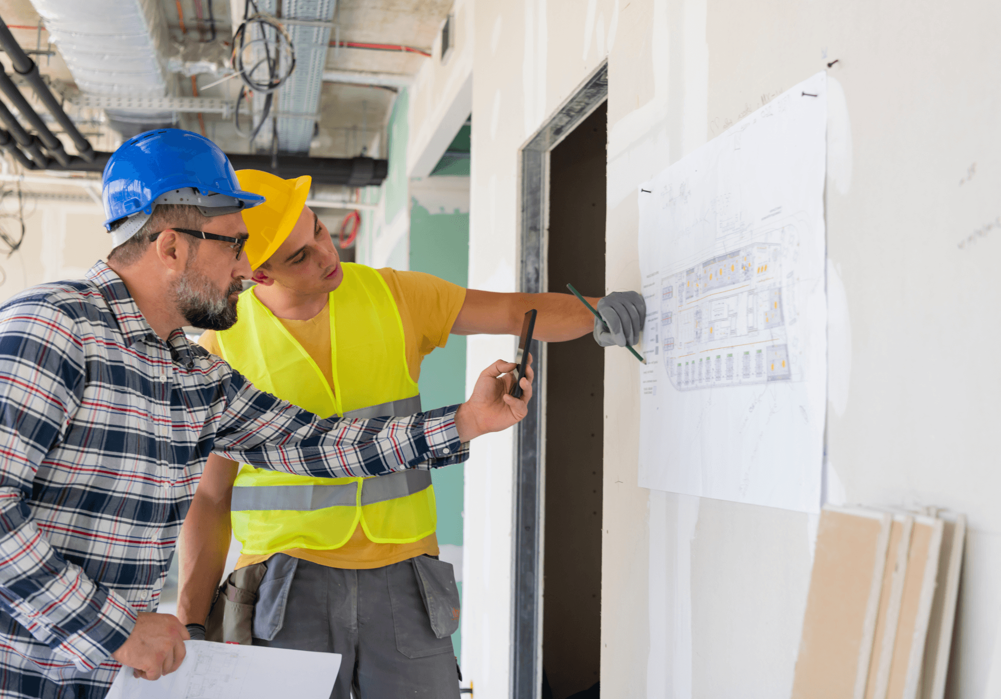 Fit out construction team reviewing site plans and technical drawings on an unfinished wall.