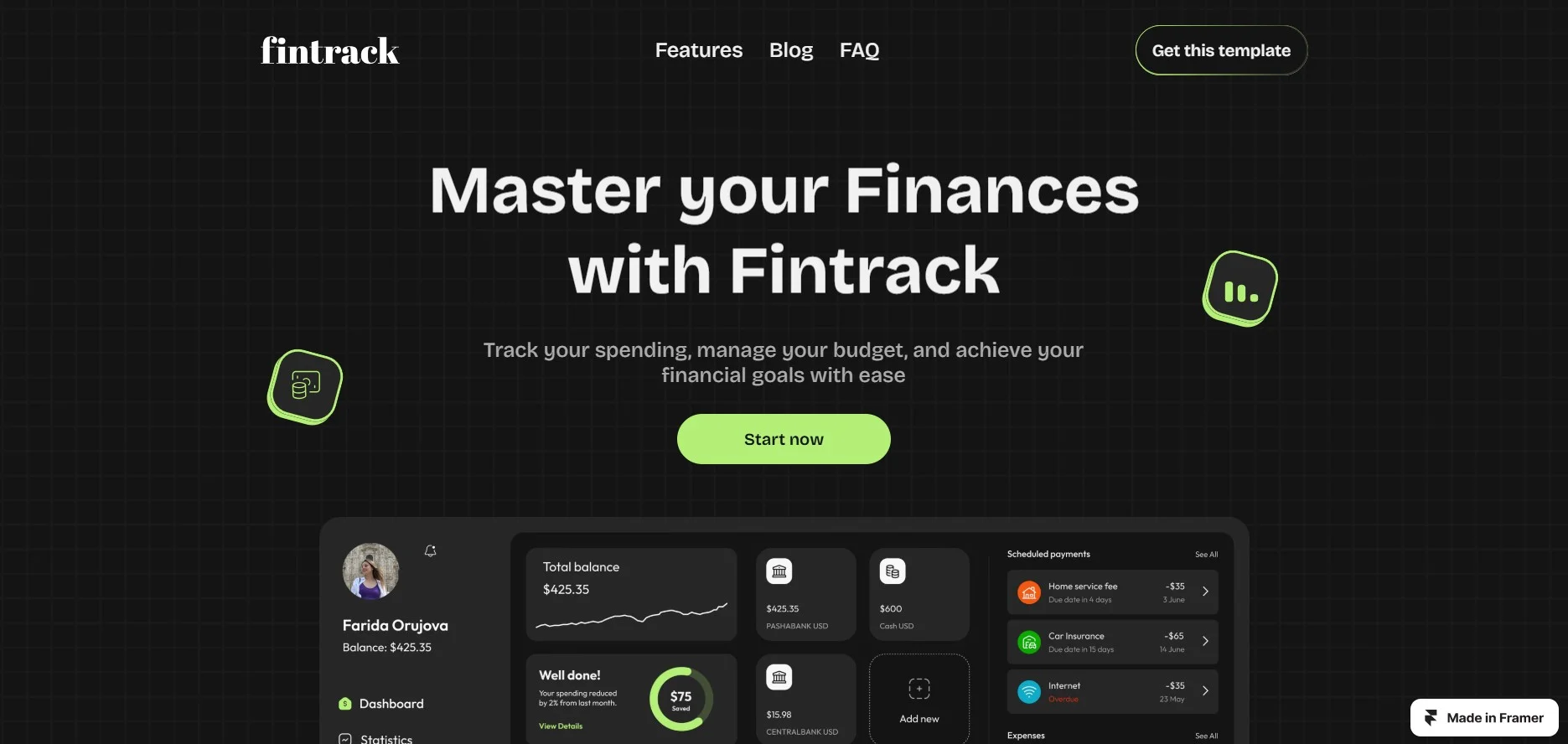 Best Framer Templates for Finance - FinTrack   