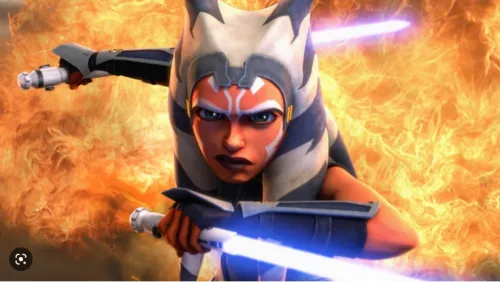 Ahsoka Wielding two blue lightsabers with fire in the background