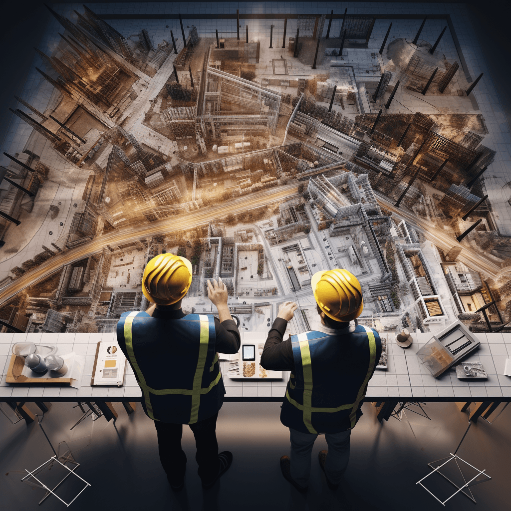 Zwei Bauleiter schauen auf eine Baustelle herab