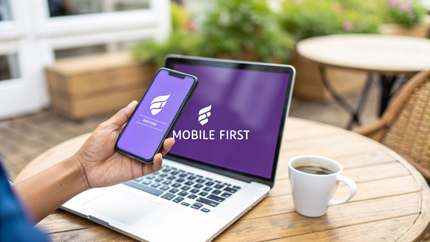 A person's hand holds a smartphone next to an open laptop, both showing 'MOBILE FIRST' on purple screens.