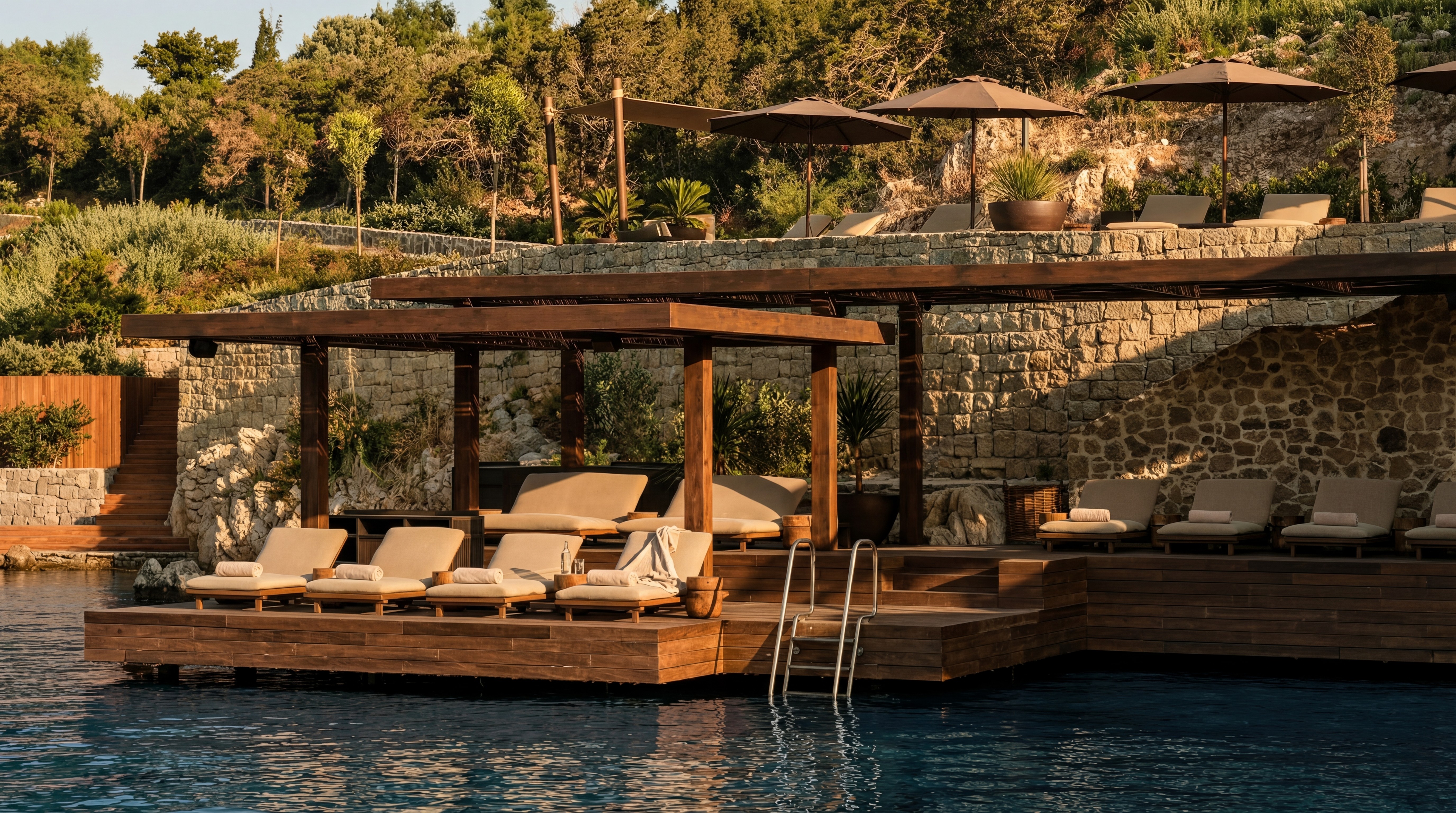 Beach club restaurant in Bodrum with sunbeds, sea view dining, and relaxed coastal atmosphere