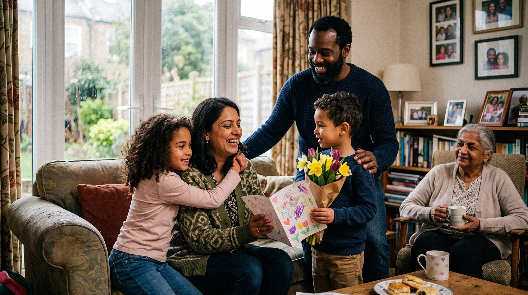 Multigenerational family celebrates Mother's Day at home as children gift mum handmade card and spring flowers.