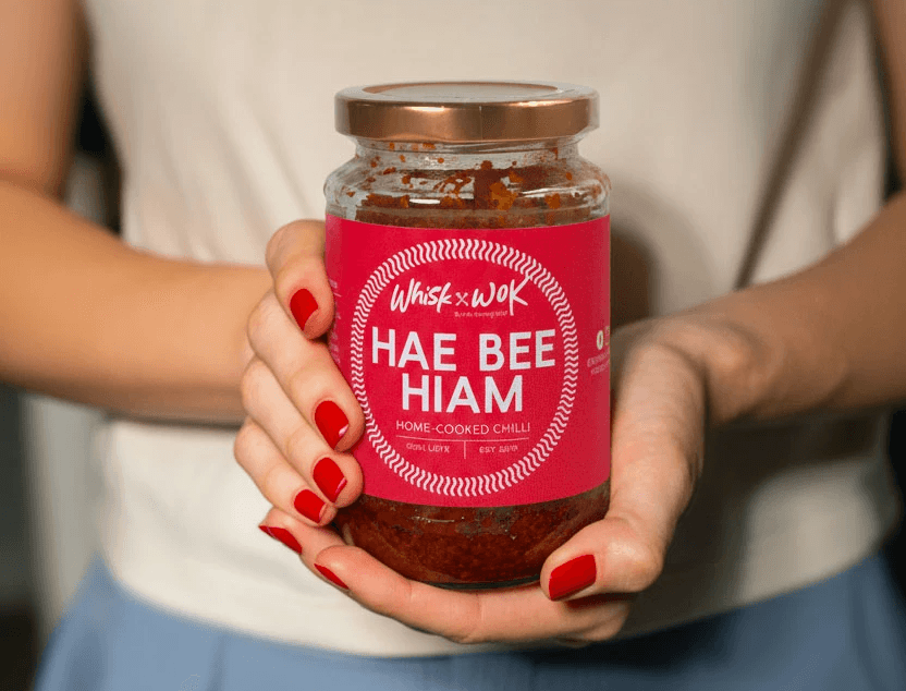 image of a woman holding a bottle of chilli in front of her