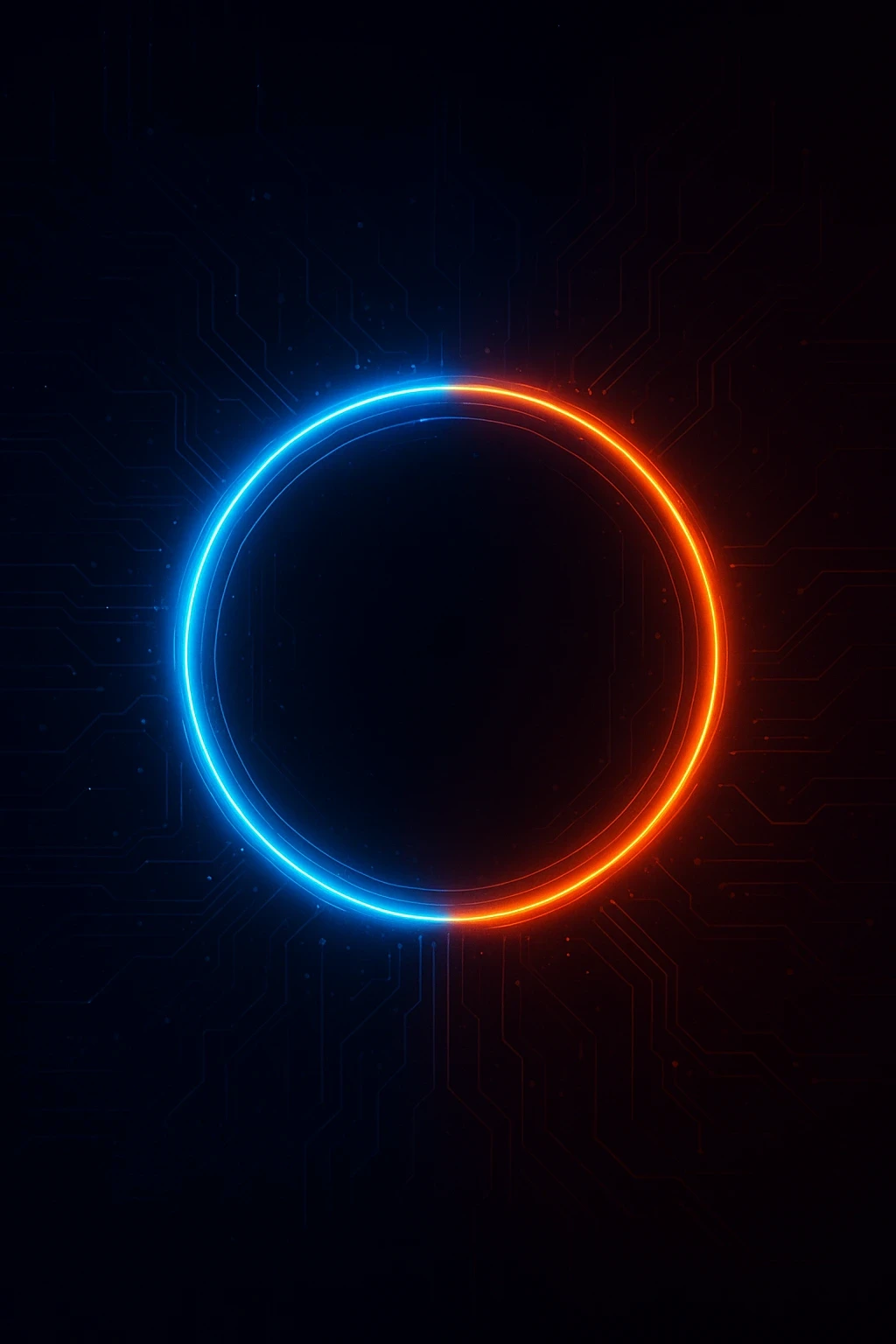 A sleek, minimalist wallpaper features a perfect circle, split evenly with a vibrant blue glow on the left and a fiery orange glow on the right. The background is a dark, almost black, color with subtle, intricate circuit board patterns in a faint blue, suggesting a high-tech, digital theme. The contrast between the cool blue and warm orange creates a striking visual balance.