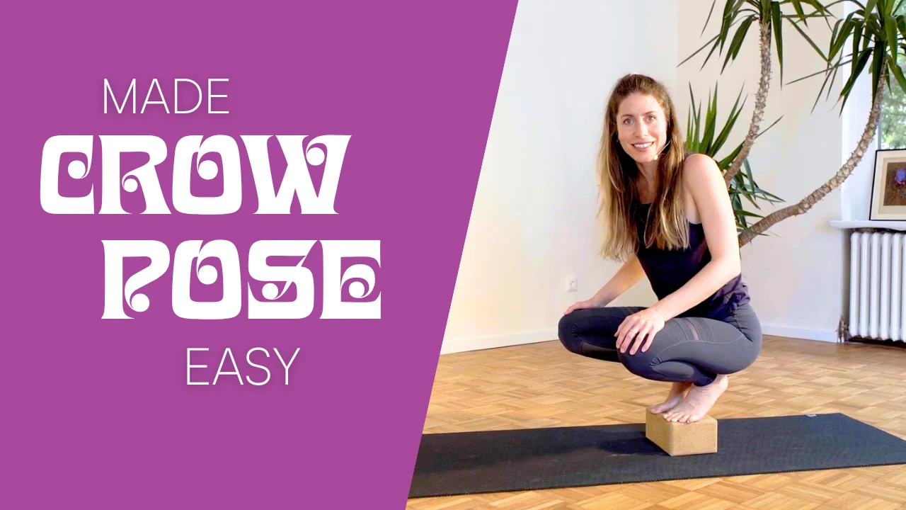 Illustrated figure balancing in Crow Pose, knees resting high on the upper arms and feet lifted off the mat – Movement Wisdom lesson on how to do Crow Pose