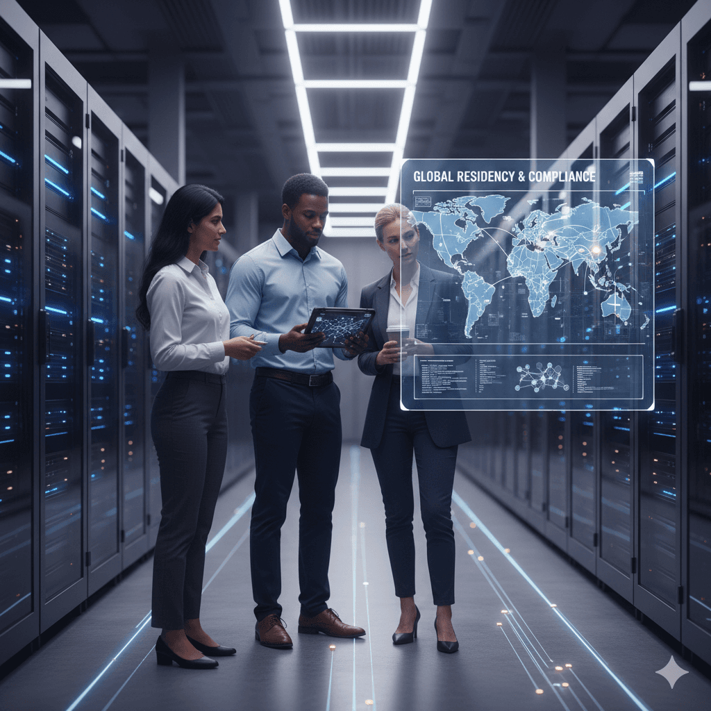 A diverse group of professionals examines data on tablets in a modern server room, showcasing a digital overlay map with text "Global Residency & Compliance," highlighting themes of technology and global connectivity relevant to Open-Weight AI.