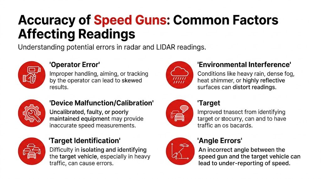 An infographic detailing common factors that affect the accuracy of radar and LIDAR speed gun readings.