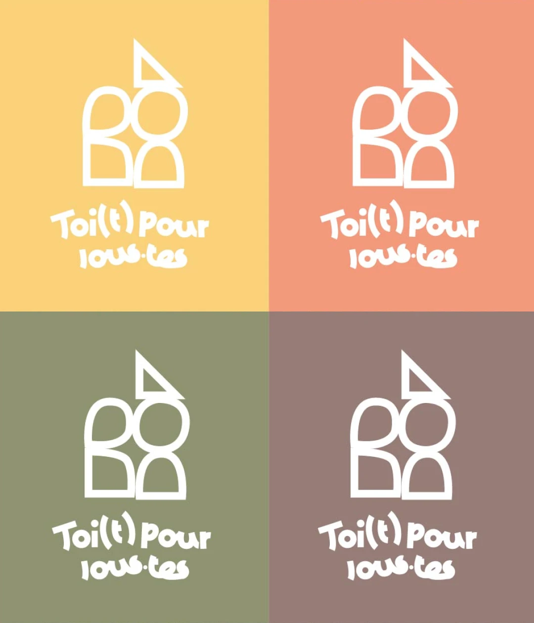 Déclinaisons du logo Toi(t) Pour Tous·tes sur les 4 couleurs de la charte graphique — jaune, saumon, vert kaki et brun, identité visuelle lieu social inclusif Toulouse, Tartelette Concept