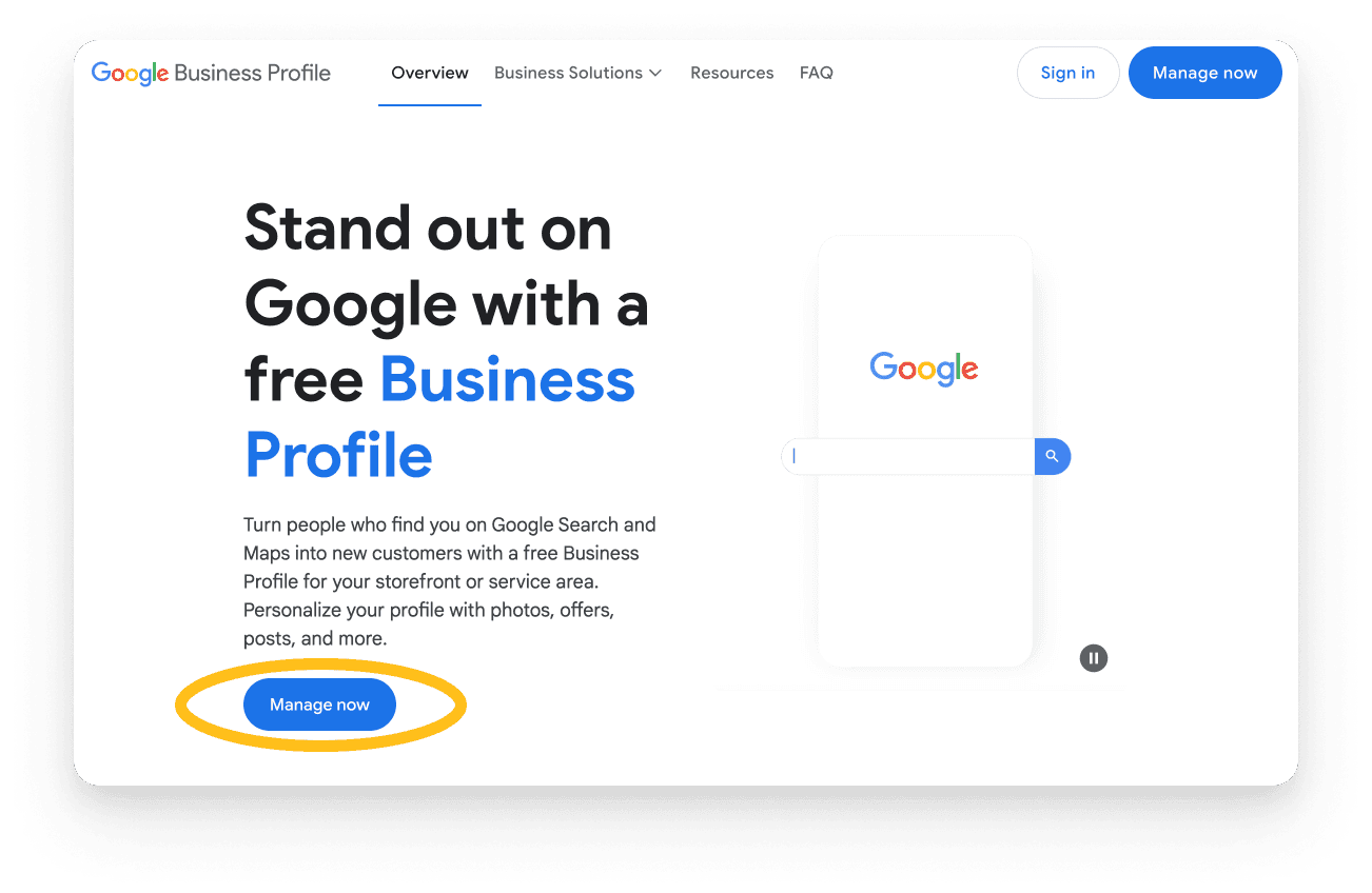 Google My Business homepage with 'Manage Now' button to start adding a business listing for a Beverley web design company.