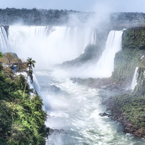 瀑布从被郁郁葱葱的绿色植物包围的悬崖上倾泻而下，河面上的雾气冉冉升起。背景中可见茂密的森林。