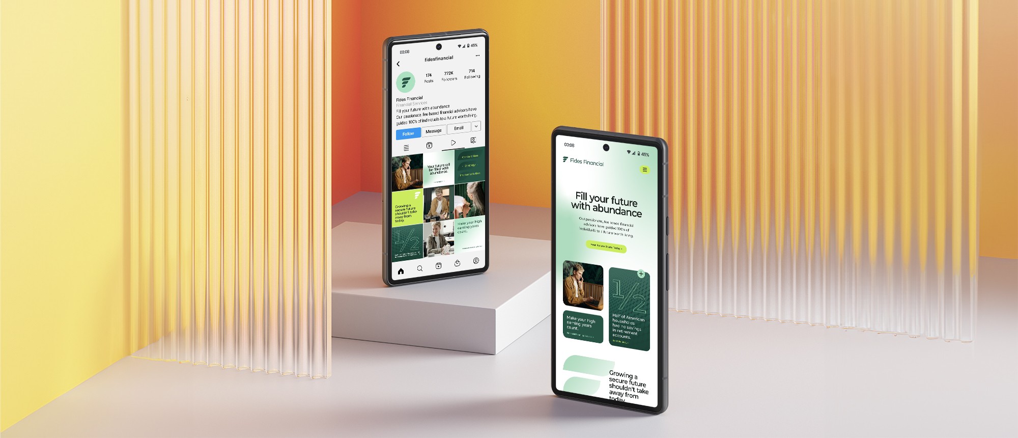 Two phones showcasing digital designs for Fides Financial website and social feed