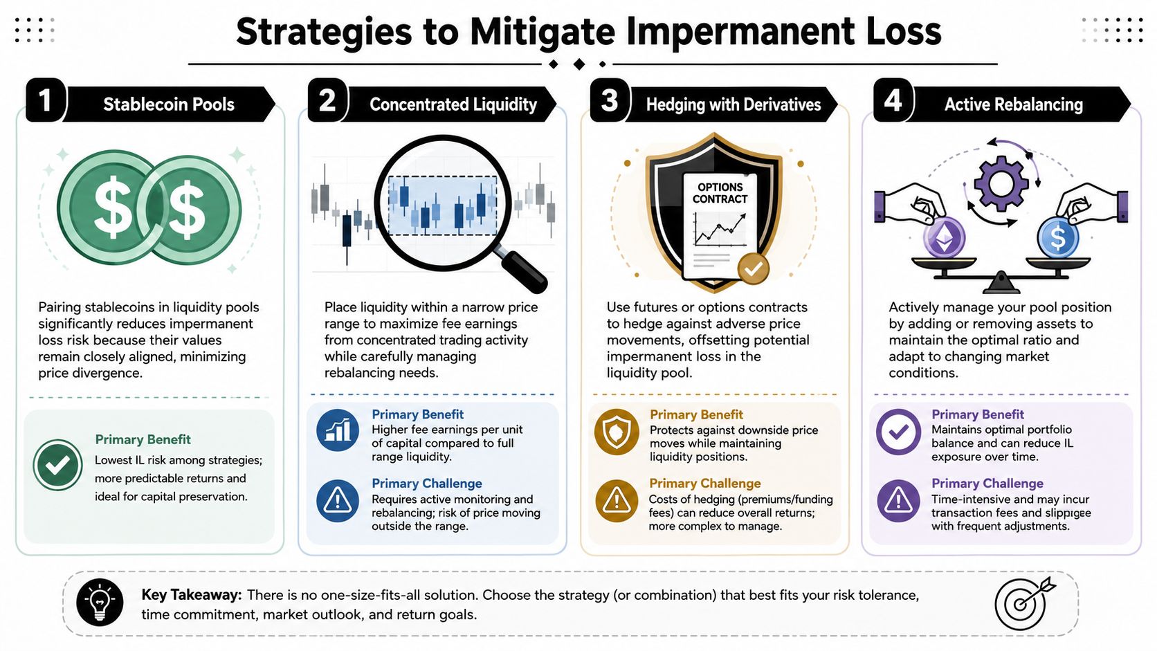 An infographic titled Strategies to Mitigate Impermanent Loss outlining four distinct methods for cryptocurrency liquidity providers.