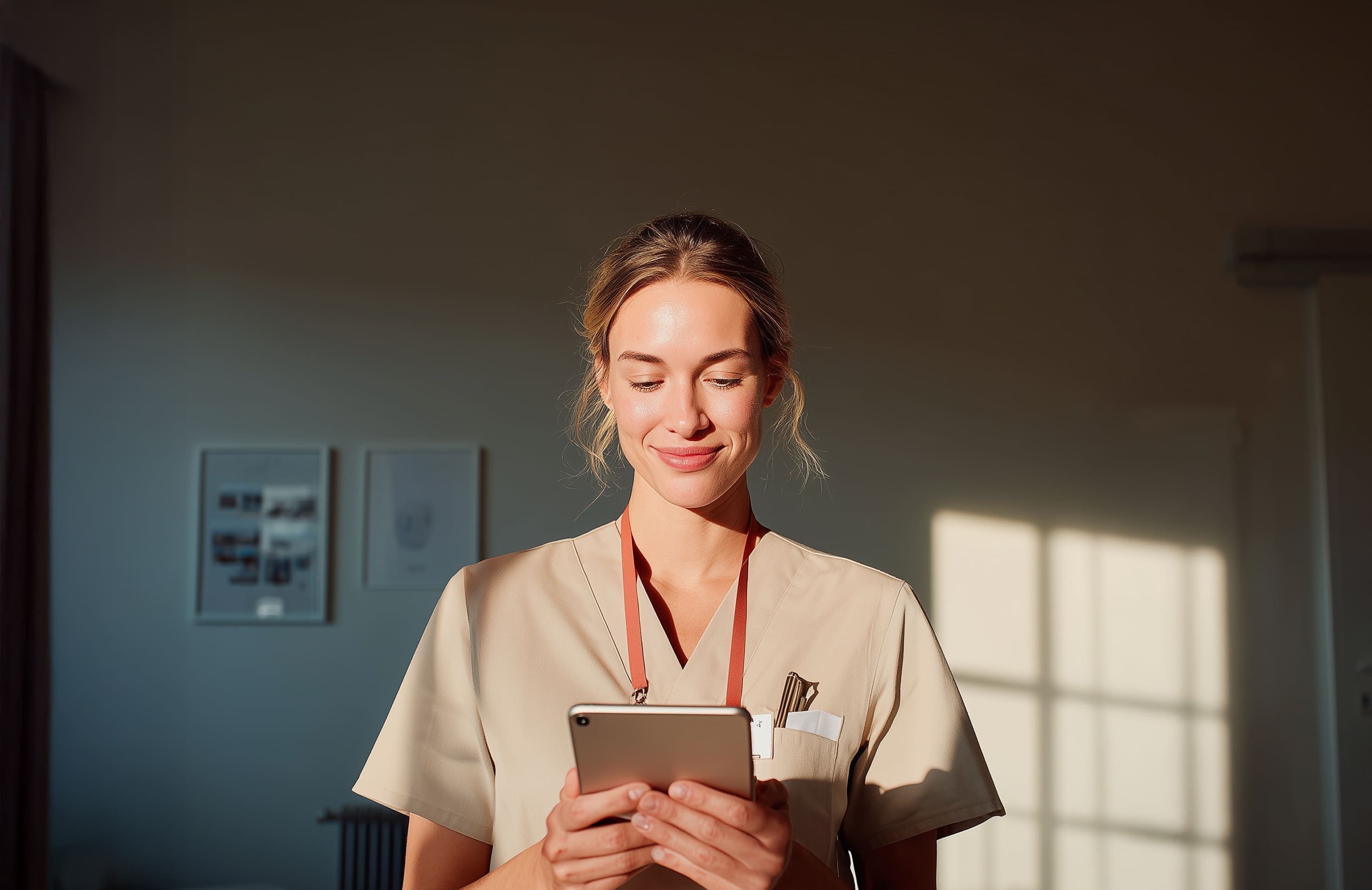 A female nurse looking at her tablet.