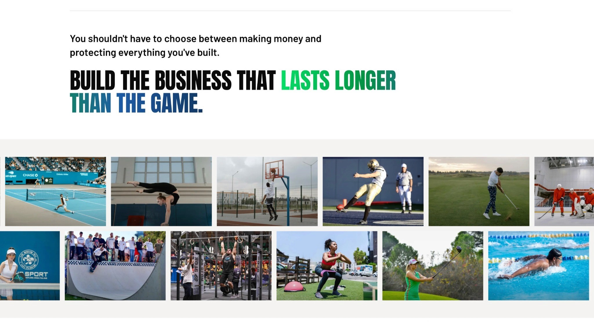 MY CHANNEL | ATHLETES webpage featuring multiple sports and messaging about building athlete businesses beyond competition.