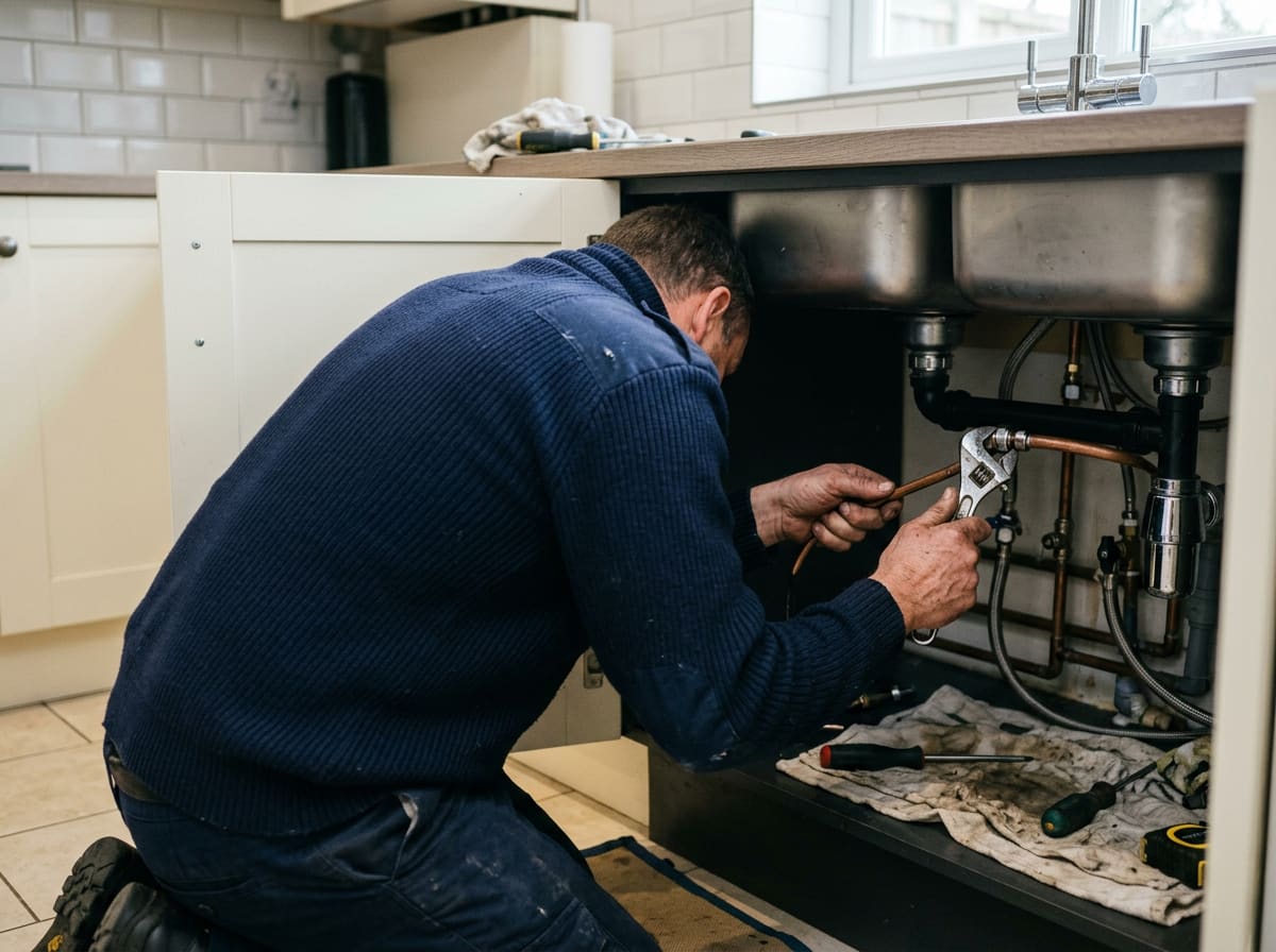 Plumber fitting a tap under a kitchen sink