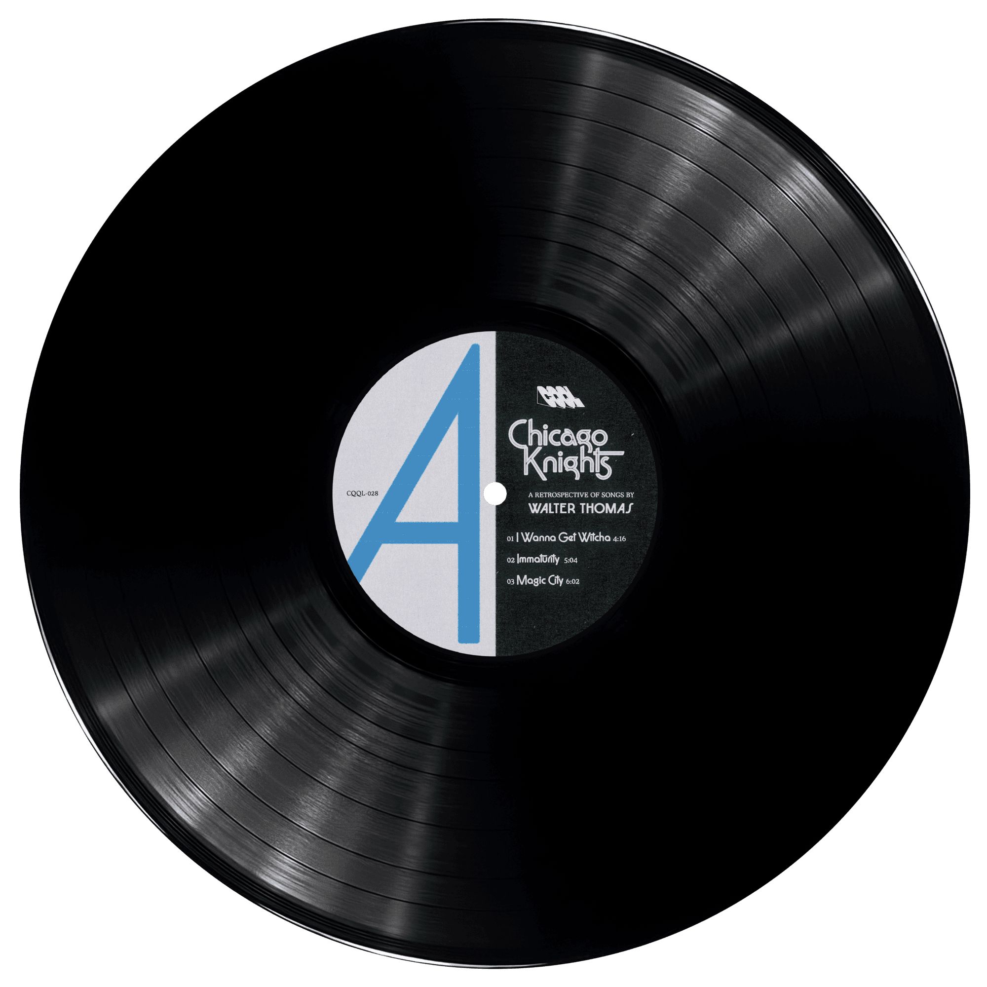 Vinyl record with a label on a white background