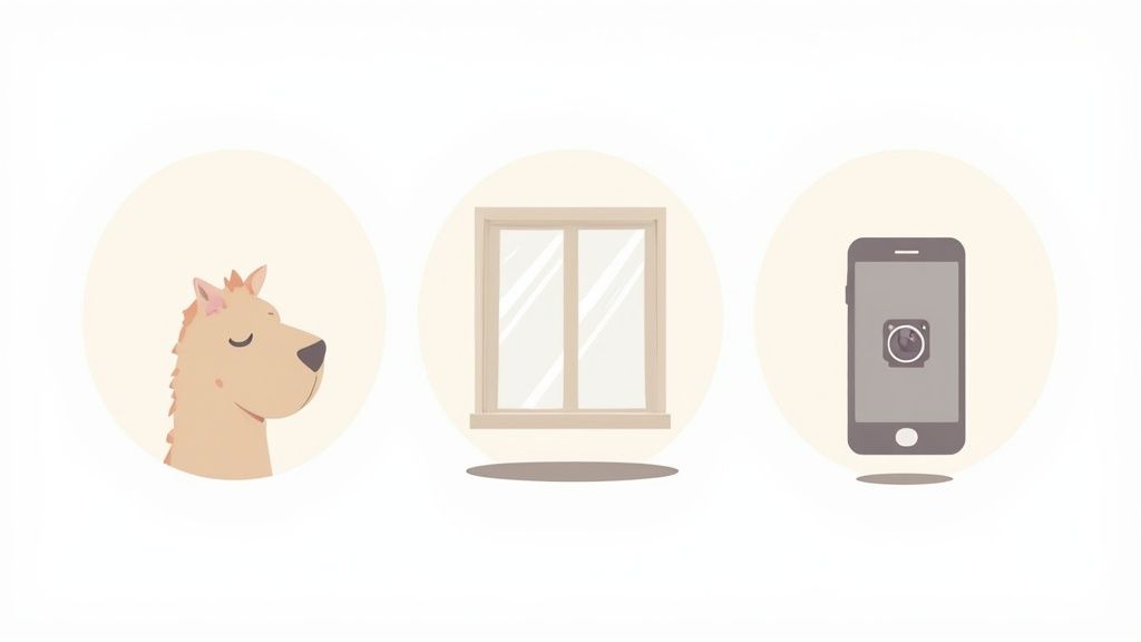 Illustration von einem Pferdekopf, einem Fenster und einem Smartphone mit Kamerasymbol.