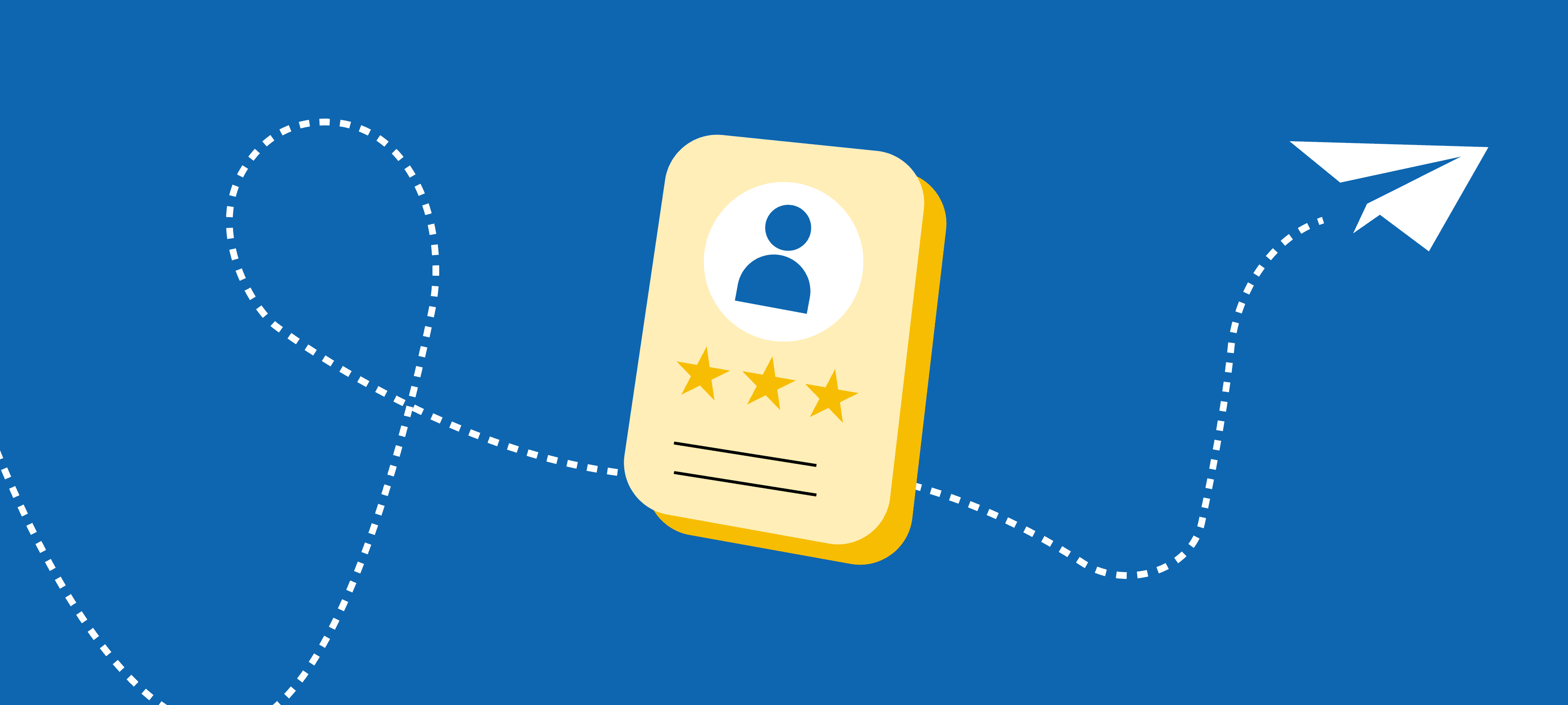 Illustration representing demand generation channels B2B, showing a profile card with star ratings connected by a dotted flight path and paper plane, symbolizing multi-channel B2B marketing journeys and lead movement.