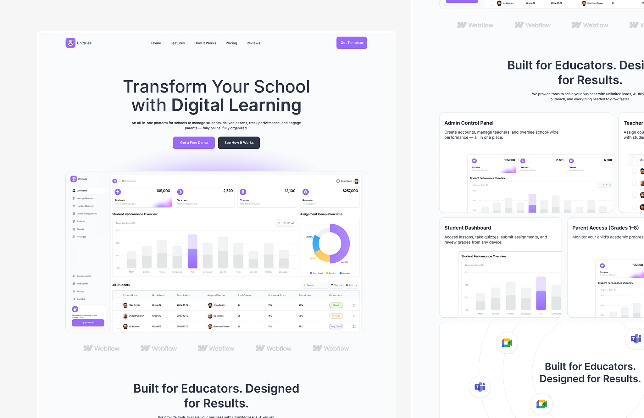 Education website landing page design for schools featuring digital learning platform and dashboard preview