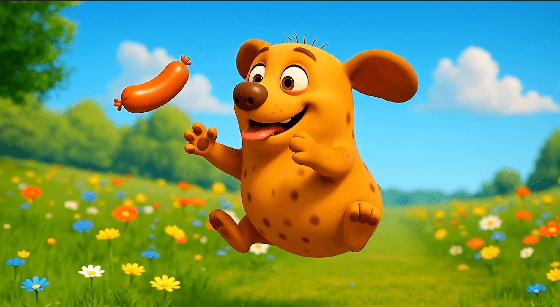 Cartoon-Hund hüpft fröhlich auf einer Blumenwiese und versucht eine Wurst zu fangen