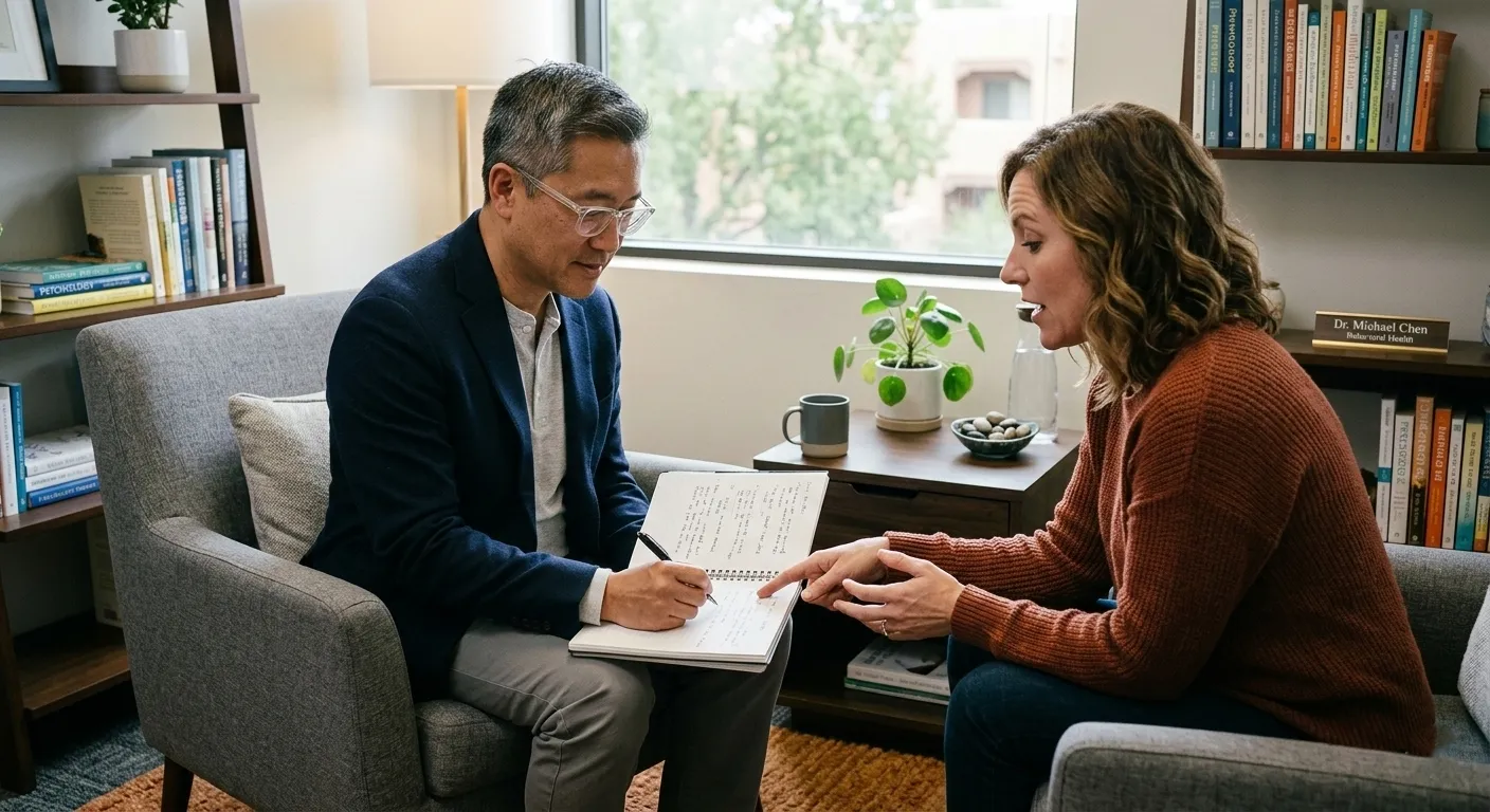 Therapist and Client Discussing Progress During Counseling Session