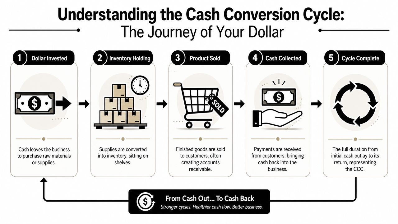 A five-step infographic showing the cash conversion cycle process from investment to cash collection in business.