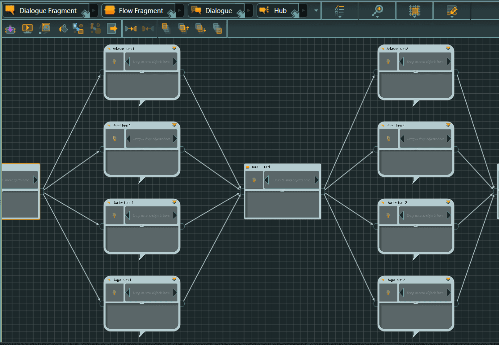 Comlex narrative nodes connect in bottlenecked paths in Articy: draft 3.