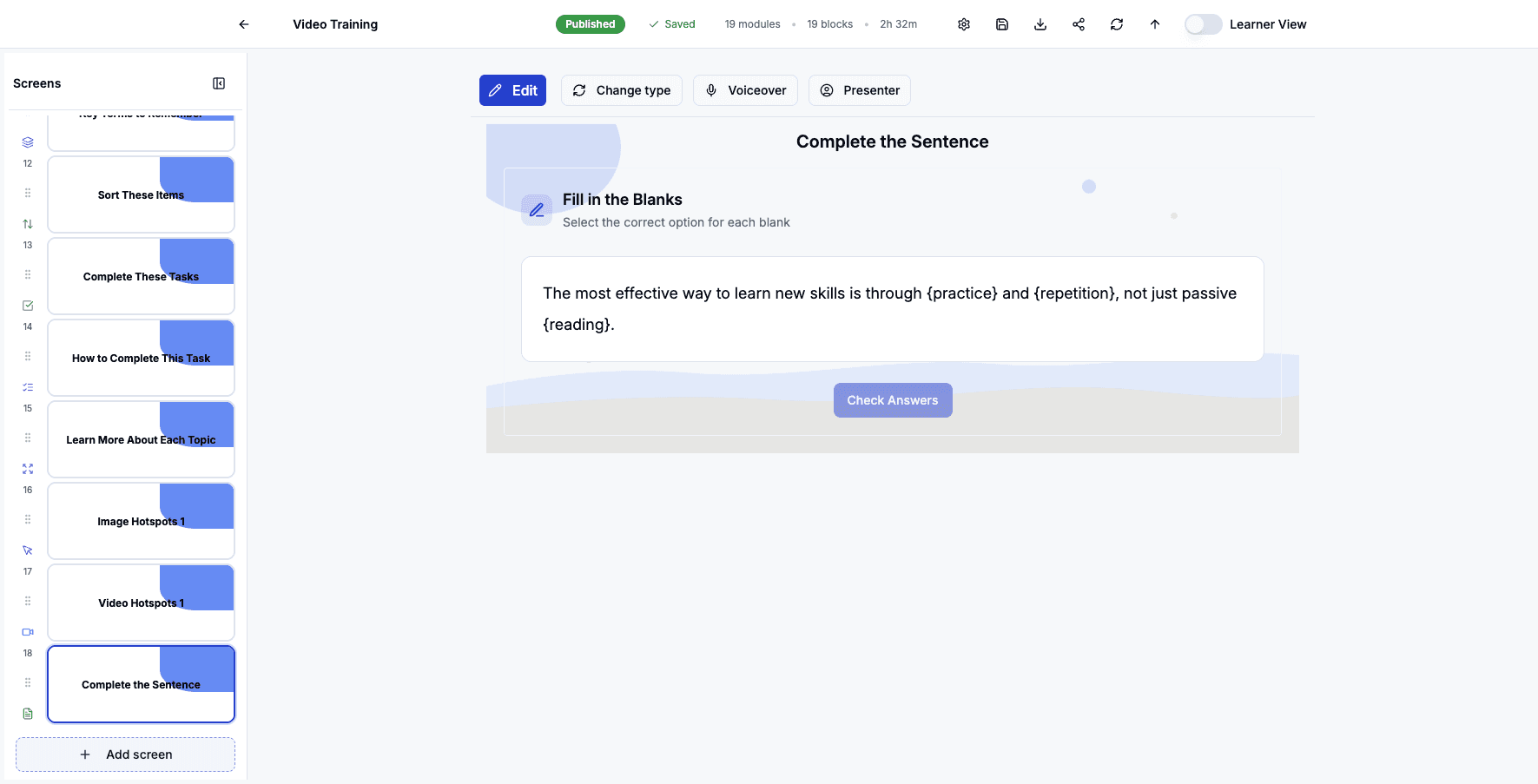 Click Add screen to add simple true or false questions.