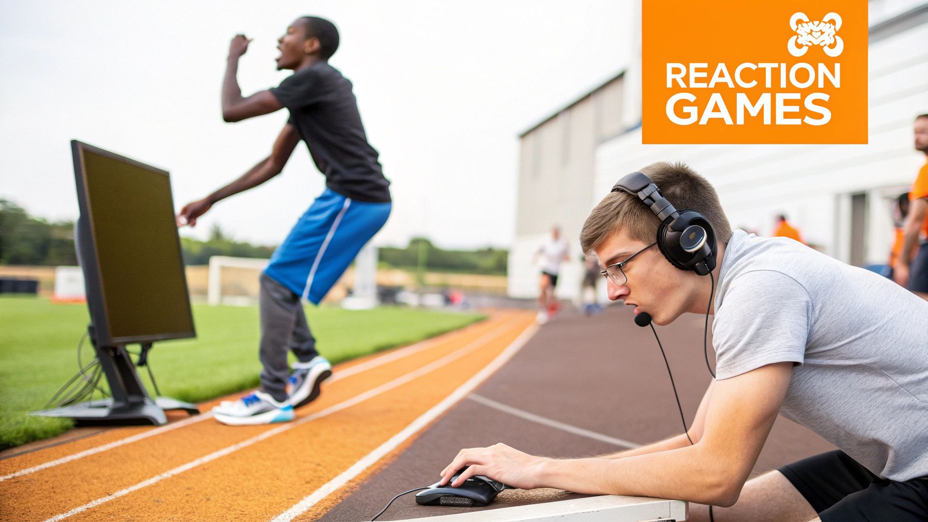 Two young men compete in outdoor reaction time games on a running track.
