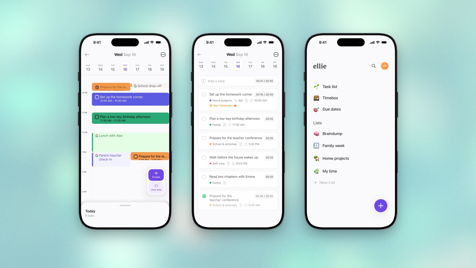 Three black iPhone 17 Pro frames side by side on a soft teal background, showing Ellie’s Timebox day, task list and home screen with lists