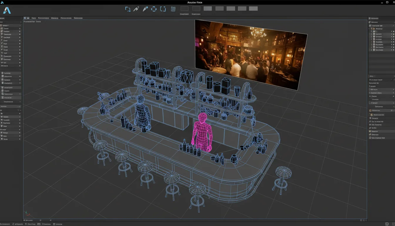 Screenshot of the Autodesk Maya software interface, dark gray theme, showing a high-angle perspective view of a complex 3D scene in the main viewport. The scene is a detailed bar interior displayed in wireframe-on-shaded mode, with dark blue mesh lines over flat gray geometry. The bar features a long counter, stools, and shelves with bottles and boxes. Two humanoid character models with a visible pink wireframe mesh are posed behind the bar. A contrasting, full-color photorealistic image is displayed on a viewport plane in the background. The interface includes a top toolbar with abstracted UI elements and icons.