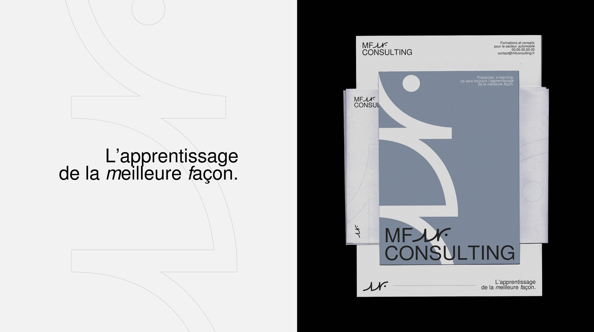 L'apprentissage de la meilleure façon. + Ensemble de papeterie dont papier à lettre, flyer, enveloppe.