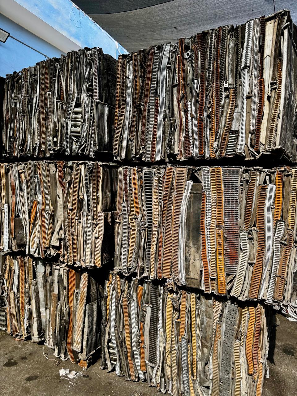 Close-up of stacked aluminium radiator scrap