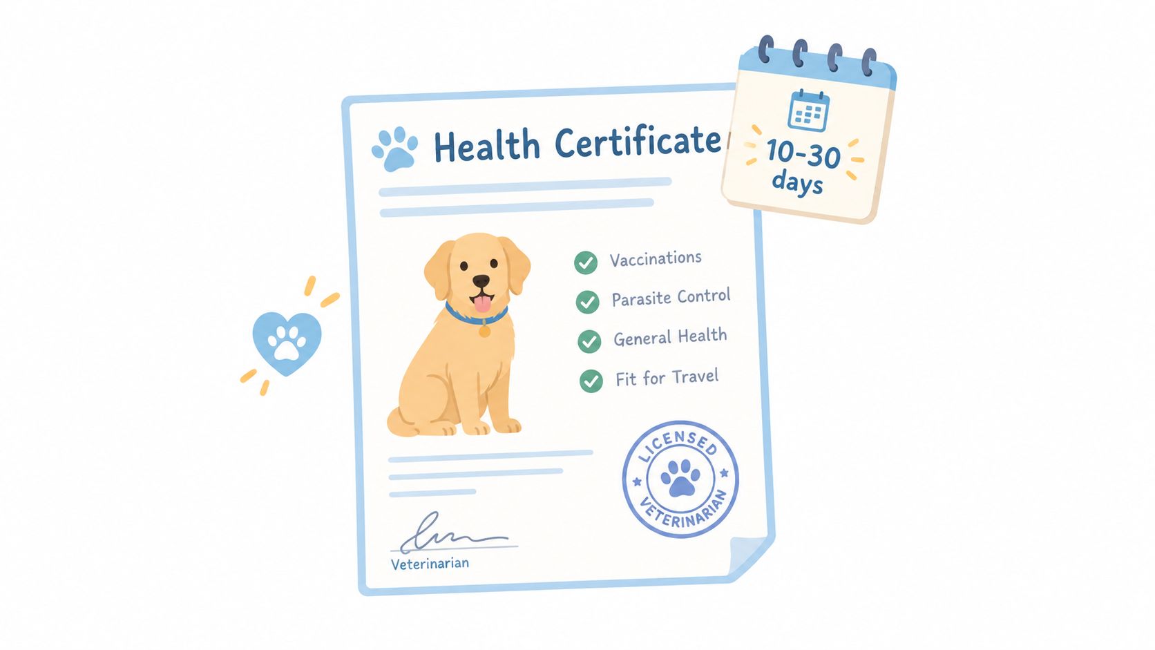 A digital illustration of a pet health certificate for a dog featuring vaccination and travel documents.
