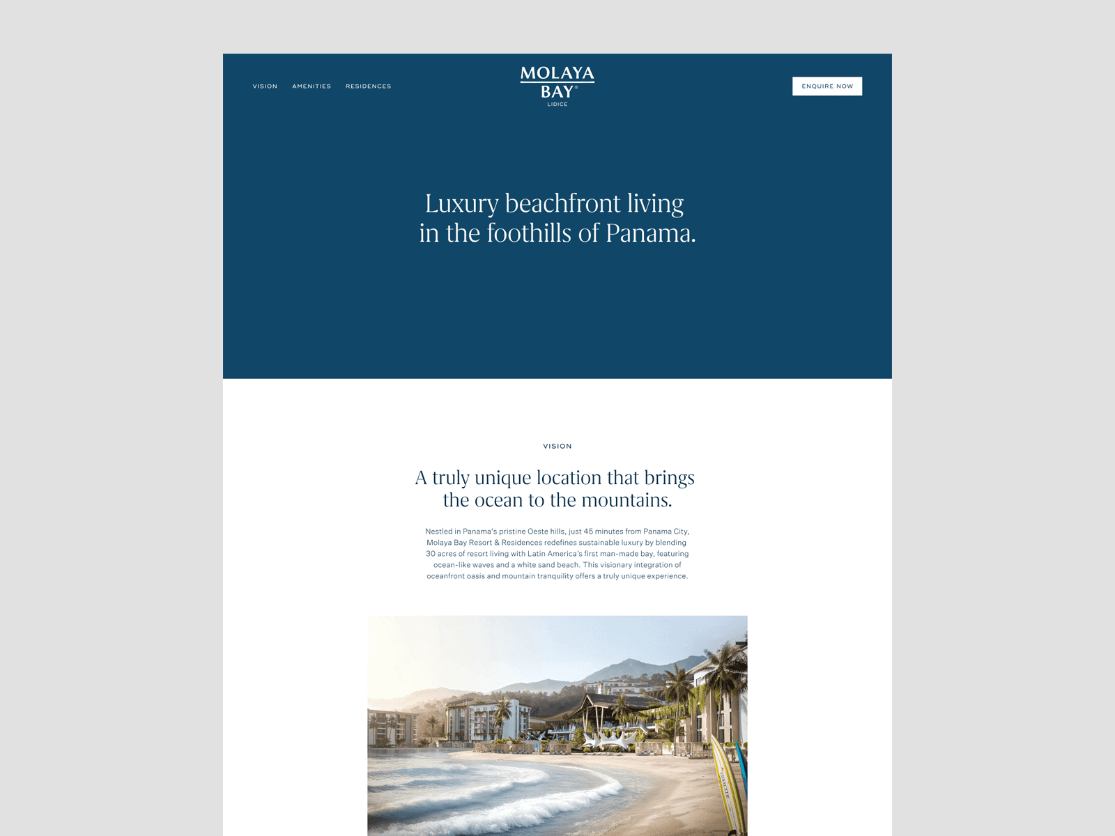 Molaya Bay website mockup showing headline “Luxury beachfront living in the foothills of Panama.”