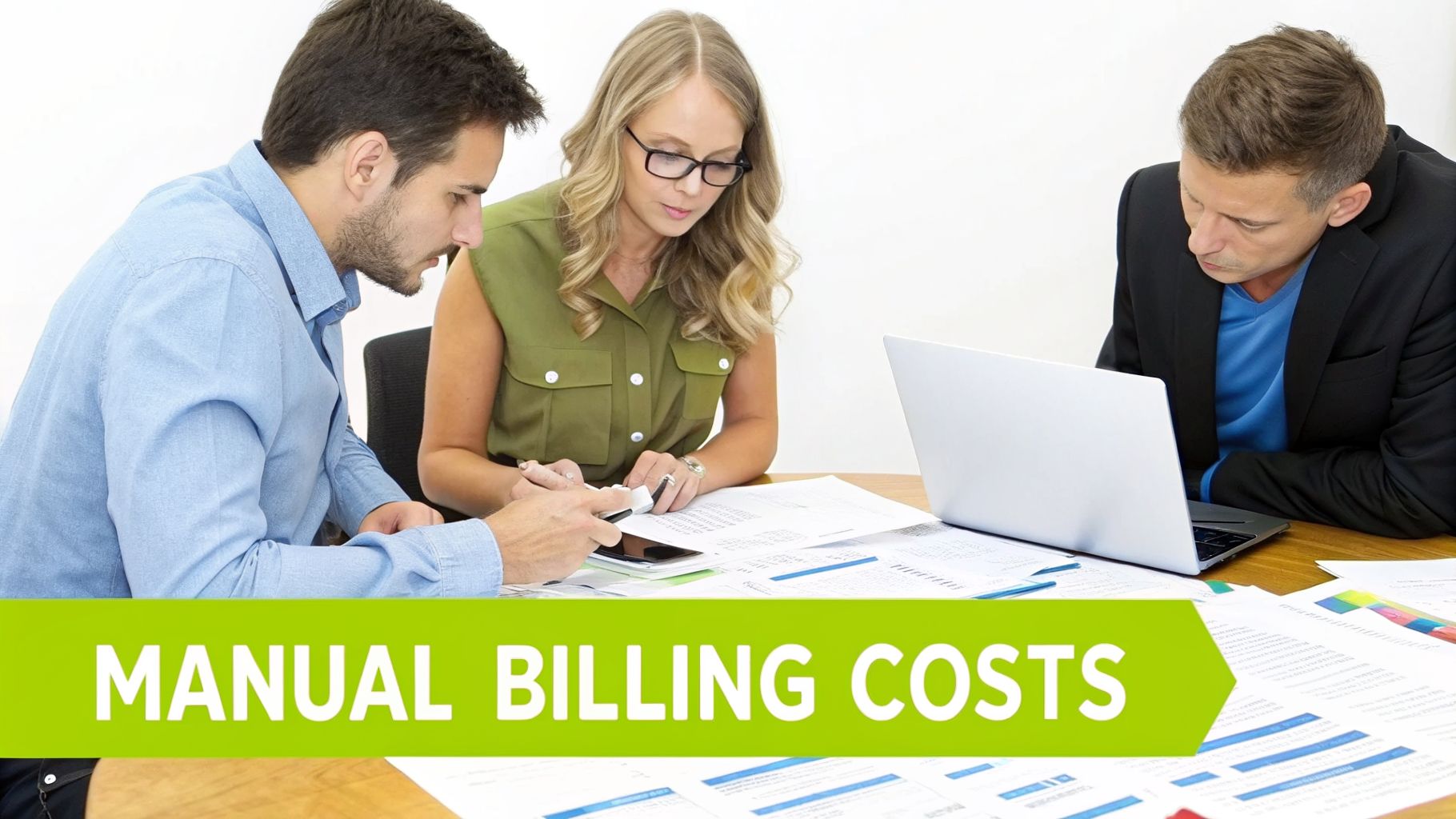 Three colleagues analyze documents and a laptop, discussing 'MANUAL BILLING COSTS' at a desk.